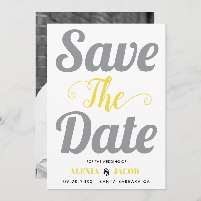 Grey and yellow typography and photo on the back save the date (Front/Back)