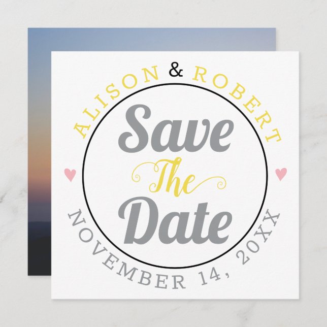 Grey and yellow typography photo on the back save the date (Front/Back)