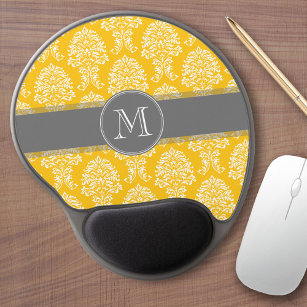 Grey and Yellow Vintage Damask Pattern Gel Mouse Mat