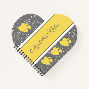 Grey and yellow with a name and love hearts notebook