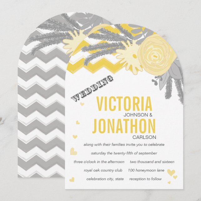 Grey and Yellow Zig Zag Romantic Wedding Invitation (Front/Back)