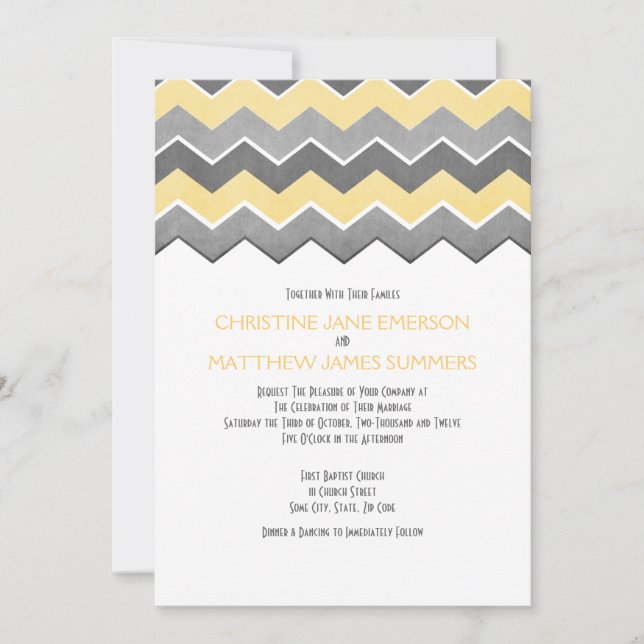 Grey and Yellow Zig Zag Wedding Invitations (Front)