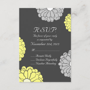 Grey and Yellow Zinnia Flower Wedding RSVP Card