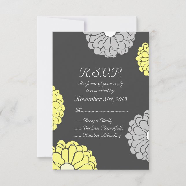 Grey and Yellow Zinnia Flower Wedding RSVP Card (Front)