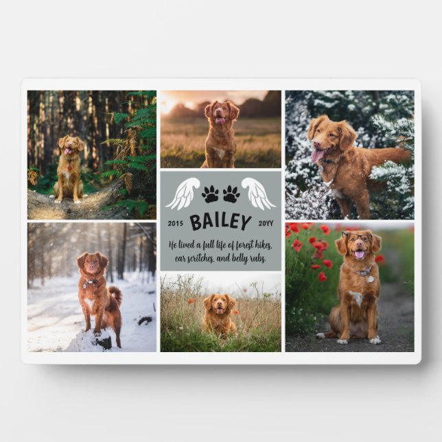 Grey Angel Wings & Dog Paws Memorial Photo Collage Plaque (Front)