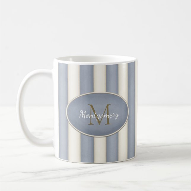 Grey & Antique White Stripes Bronze Monogram Coffee Mug (Left)