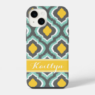 Grey Aqua and Yellow Ikat Moroccan Monogram iPhone 14 Case