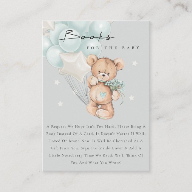 Grey Aqua Blue Bear Balloon Books For Baby Shower Enclosure Card (Front)