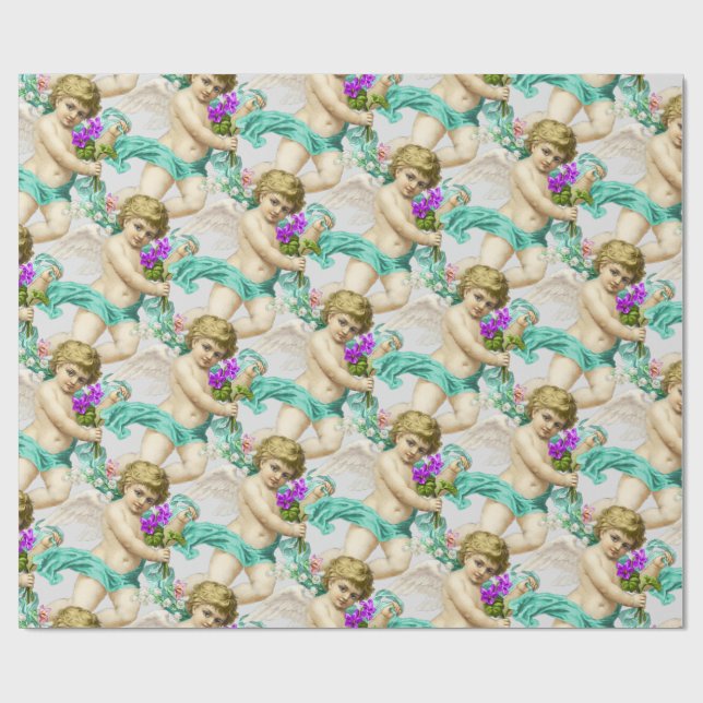 Grey Aqua Cherubs Wrapping Paper (Flat)