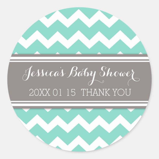 Grey Aqua Chevron Baby Shower Favour Stickers (Front)