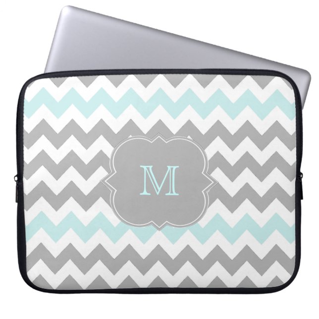 Grey Aqua Chevron Monogram Laptop Sleeve (Front)