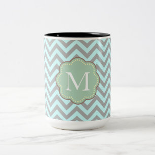 Grey Aqua Chevron Stripes Monogram Two-Tone Coffee Mug