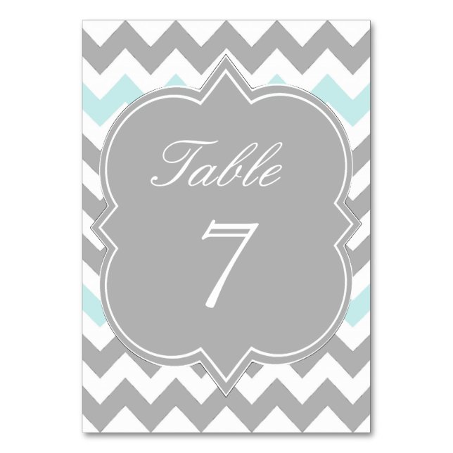 Grey Aqua Chevron Table Number Card (Front)