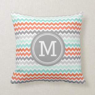Grey Aqua Coral Chevron Monogram Decorative Pillow