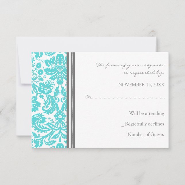 Grey Aqua Damask RSVP Wedding Card (Front)