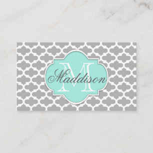 Grey Aqua Elegant Pattern Monogram Business Card