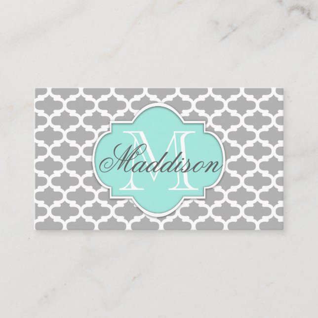 Grey Aqua Elegant Pattern Monogram Business Card (Front)