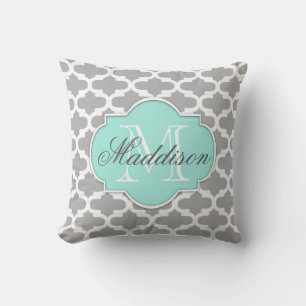 Grey Aqua Elegant Pattern Monogram Cushion