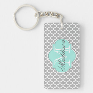 Grey Aqua Elegant Pattern Monogram Key Ring