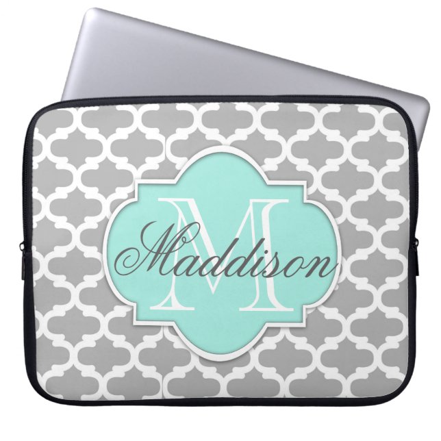 Grey Aqua Elegant Pattern Monogram Laptop Sleeve (Front)