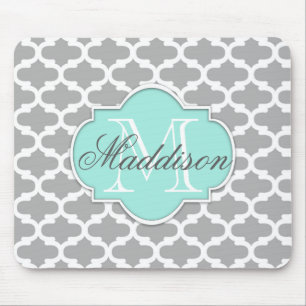 Grey Aqua Elegant Pattern Monogram Mouse Mat
