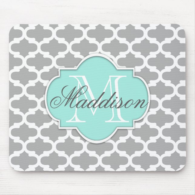 Grey Aqua Elegant Pattern Monogram Mouse Mat (Front)