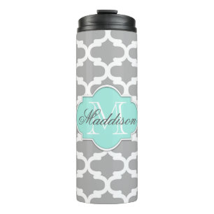 Grey Aqua Elegant Pattern Monogram Thermal Tumbler
