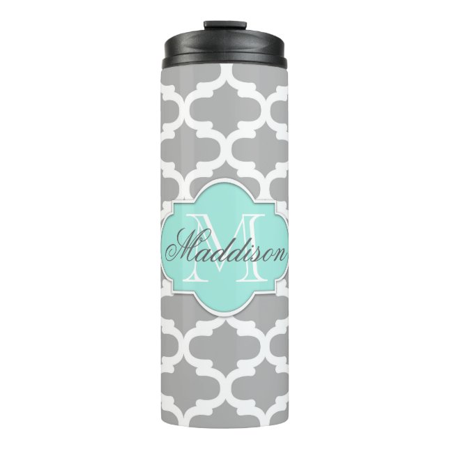 Grey Aqua Elegant Pattern Monogram Thermal Tumbler (Front)