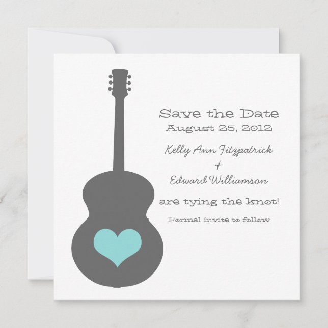 Grey/Aqua Guitar Heart Save the Date Invite (Front)