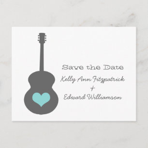 Grey/Aqua Guitar Heart Save the Date Postcard