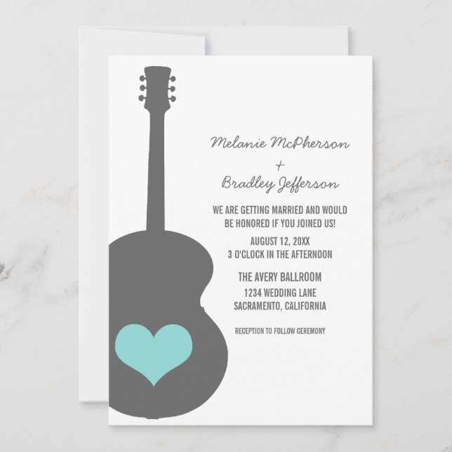 Grey/Aqua Guitar Heart Wedding Invite (Front)
