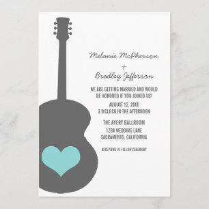 Grey/Aqua Guitar Heart Wedding Invite