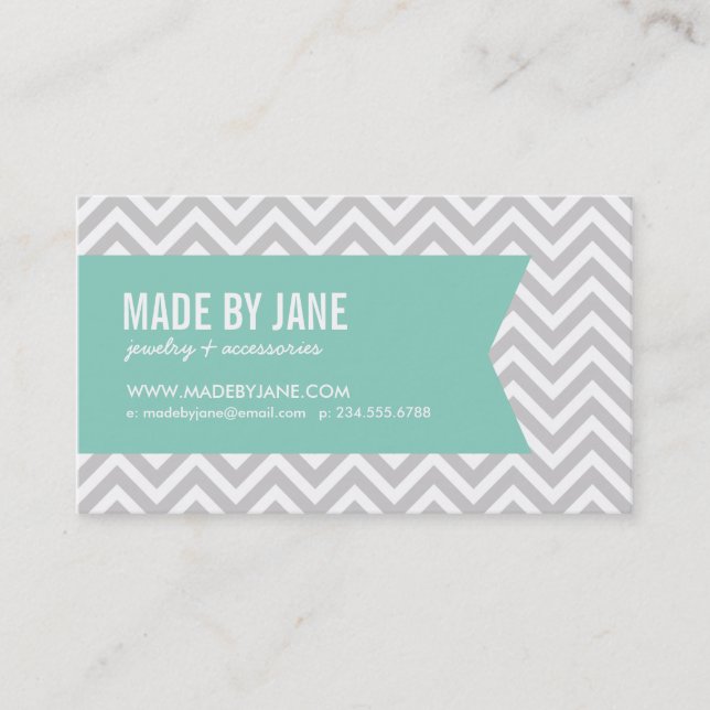 Grey & Aqua Modern Chevron & Ribbon Business Card (Front)