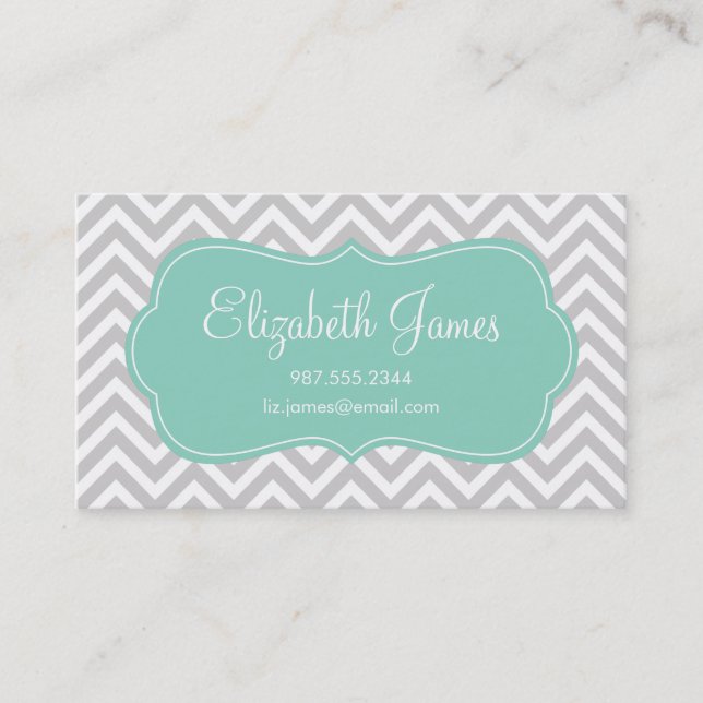 Grey & Aqua Modern Chevron Stripes Business Card (Front)