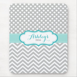 Grey Aqua Personalised Polka Dots Chevron Pattern Mouse Mat