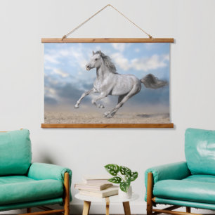 Grey Arabian Horse Gallops Through Sandy Landscape Hanging Tapestry