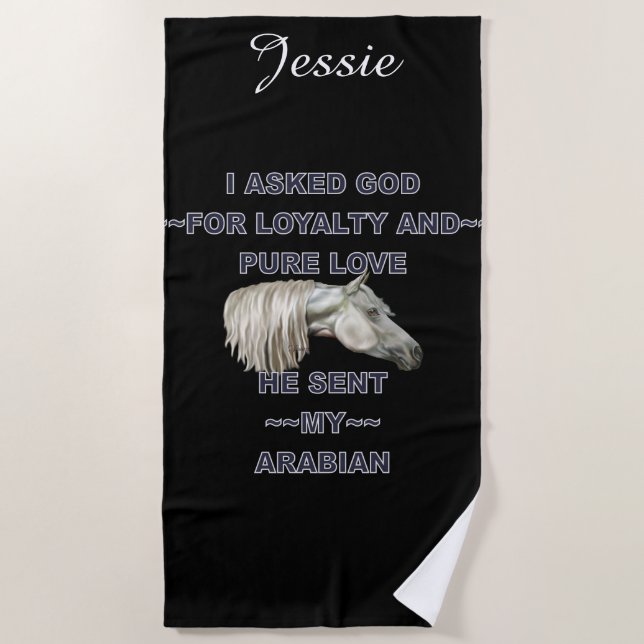 Grey Arabian Horse Personalised Beach Towel (Front)