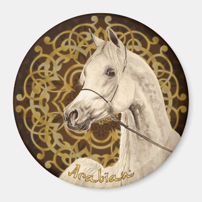 Grey Arabian horse round magnet (Front)