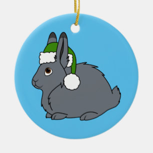 Grey Arctic Hare with Christmas Green Santa Hat Ceramic Tree Decoration