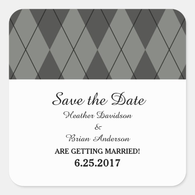 Grey Argyle Save the Date Stickers (Front)