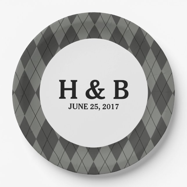 Grey Argyle Wedding Paper Plates (Front)