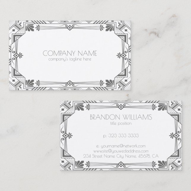 Grey Art Deco Frame 2 Business Card (Front/Back)