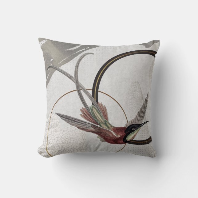Grey Artistic Hummingbird Design Cushion (Front)