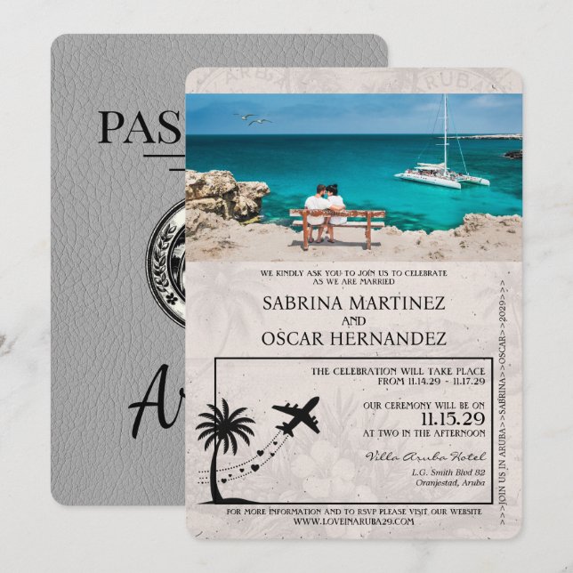 Grey Aruba Passport Wedding Invitation (Front/Back)
