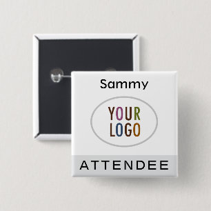 Grey Attendee Name Badge with Logo Pinback Square