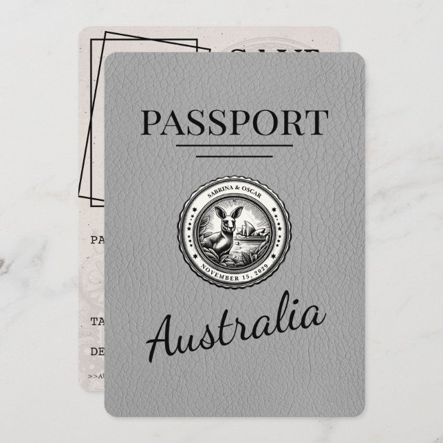 Grey Australia Passport Save The Date (Front/Back)