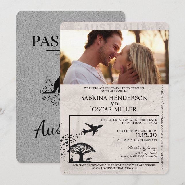Grey Australia Passport Wedding Invitation (Front/Back)