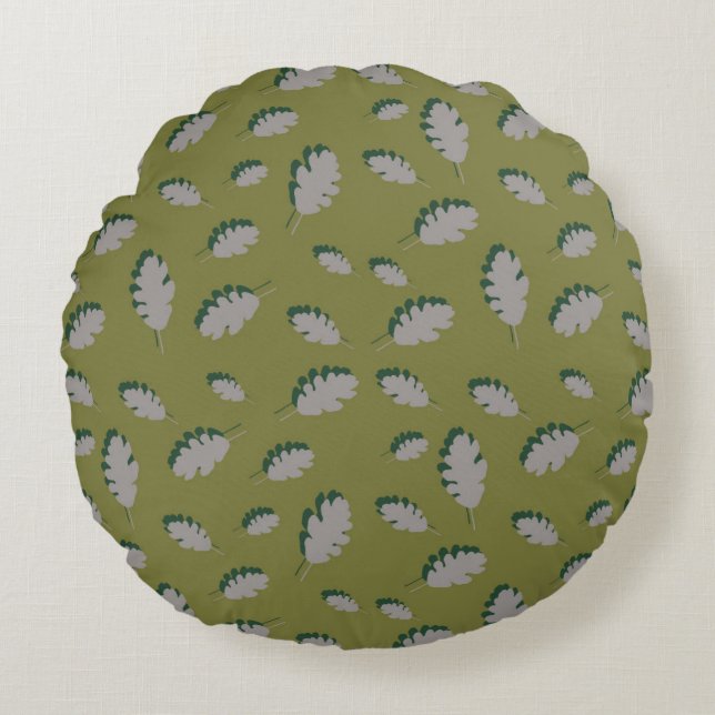 Grey autumn leaves pattern on a green background round cushion (Front)