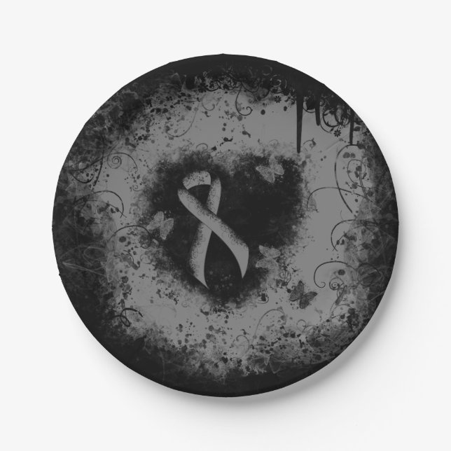 Grey Awareness Ribbon Grunge Heart Paper Plate (Front)