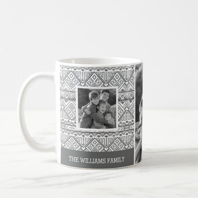Grey Aztec Pattern | Family Photos & Text Coffee Mug (Left)